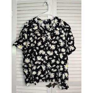 ModCloth Plus Size 3X Black Daisy & Bee Print SS Peter Pan Collar Button Up Top